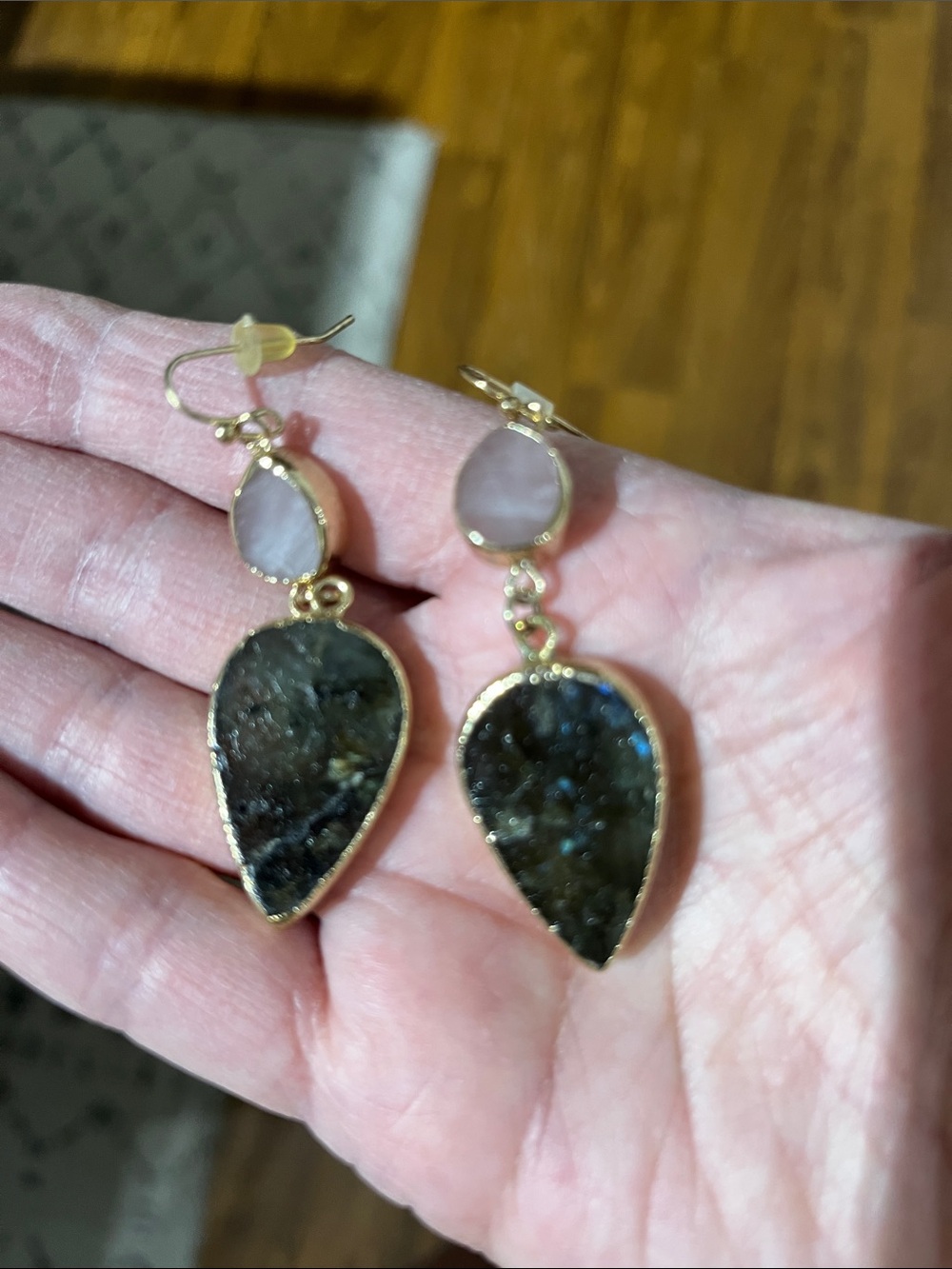 Gold-Edge pink cherry quartz stone earrings with labradorite Teardrop